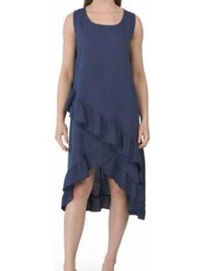 Cristina Vergani linen cotton A-line tiered ruffle dress blue high-low hem M